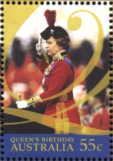 Australia-2009-Birthday-Queen-Elizabeth-II-55-cent-Multi-P14-6-x-13-86-QEII-taking-salute-I-uniform-sidesaddle-on-horse