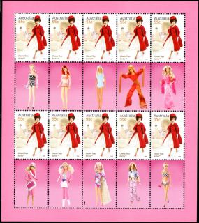 Australia-2009-Classic-Toys-10-x-55-cent-Multi-P13-86-x-14-6-Ten-of-Barbie-with-different-doll-models-between-stamps