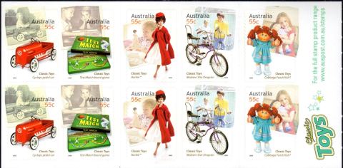 Australia-2009-Classic-Toys-10-x-55-cent-Multi-Pdie-cut-Ten-stamps