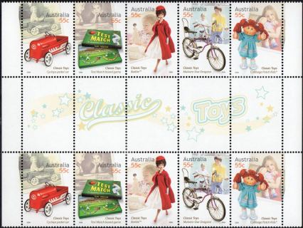 Australia-2009-Classic-Toys-4-x-55-cent-Multi-P13-86-x-14-6-Different-image-in-gutter-between-opposite-pairs-All-5-stamps-5400-to-5404-incl-SG