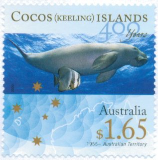 Australia-2009-Cocos-Keeling-Islands-400-years-since-Keeling-1-65-dollar-Multi-P14-28-x-14-28-Year-1955-becomes-Australian-territory-Blue-stamp-with-a-single-Dugong-SG