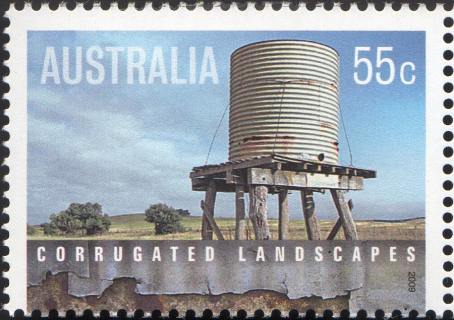 Australia-2009-Corrugated-landscapes-55-cent-Multi-P13-86-x-14-6-Corrugated-iron-water-tank