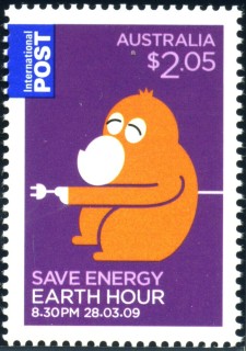 Australia-2009-Earth-Hour-28-March-2009-2-05-dollar-Multi-P14-6-x-13-86-Orange-fat-creature-with-electric-plug-on-purple-cartoon-SG3155