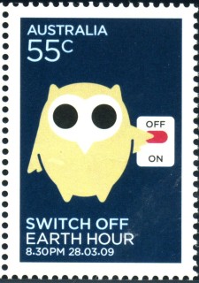 Australia-2009-Earth-Hour-28-March-2009-55-cent-Multi-P14-6-x-13-86-Brown-owl-on-dark-blue-background-cartoon-SG3154