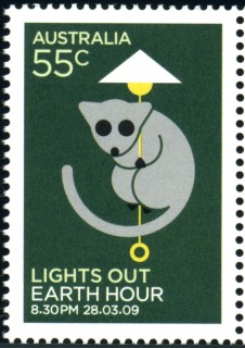 Australia-2009-Earth-Hour-28-March-2009-55-cent-Multi-P14-6-x-13-86-Grey-possum-on-green-background-cartoon-SG3153