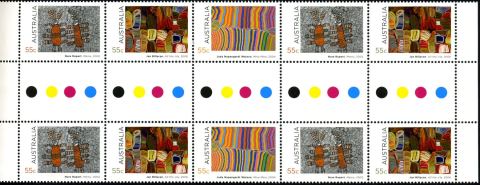 Australia-2009-Indigenous-Culture-10-x-55-cent-Multi-P14-6-x-13-86-Non-decorative-gutter-showing-combinations-of-55-cent-stamps-SG