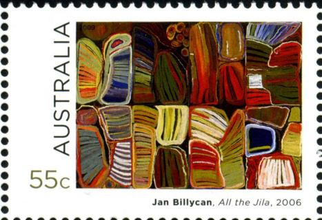 Australia-2009-Indigenous-Culture-55-cent-Multi-P14-6-x-13-86-All-the-Jila-2006-by-Jan-Billycan-A-lady-painter-from-250-km-south-of-Broome-WA-Jila-is-waterhole-SG3179