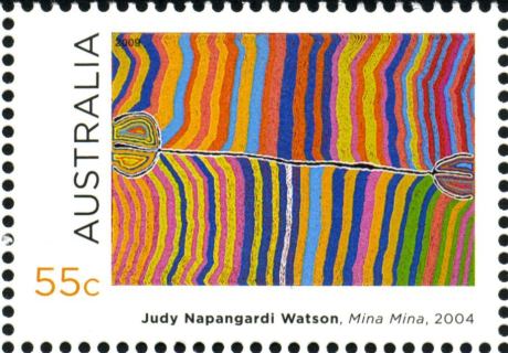 Australia-2009-Indigenous-Culture-55-cent-Multi-P14-6-x-13-86-Mina-Mina-2004-by-lady-painter-Julie-Watson-Mina-Mina-evokes-spiritualiry-od-shifting-desert-sands-SG3180