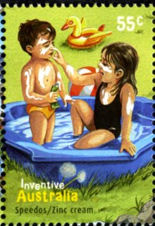 Australia-2009-Inventive-Australia-55-cent-Multi-P14-6-x-13-86-Speedo-swim-costume-and-Zinc-Cream-anti-sunburn-Two-children-in-plastic-above-ground-pool-Line-art