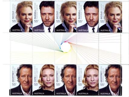 Australia-2009-Legends-2009-series13-Legends-of-the-Screen-10-x-55-cent-Multi-P13-86-x-14-6-Portrait-sequence-has-rays-from-octagon-of-different-colours-spanning-gutter-of