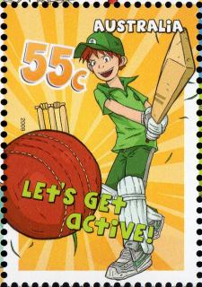 Australia-2009-Lets-Get-Active-55-cent-Multi-P14-6-x-13-86-Cricket-Lad-in-green-with-bat-SG3289