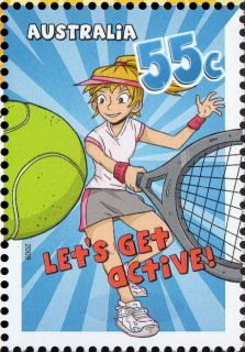 Australia-2009-Lets-Get-Active-55-cent-Multi-P14-6-x-13-86-Tennis-Lass-with-racquet-and-green-tennis-ball-SG3290