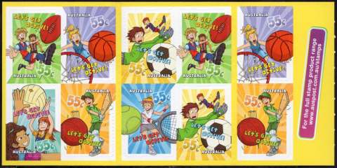 Australia-2009-Lets-Get-Active-55-cent-Multi-PDie-Cut-All-6-designs-5409-to-5414-included-in-boolet-of-10-stamps