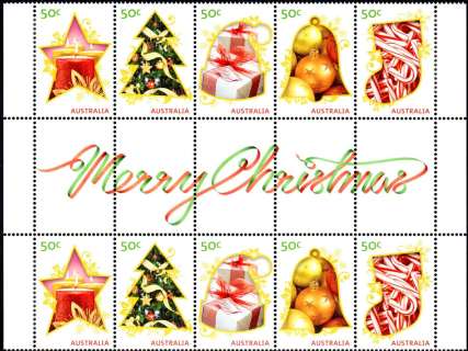 Australia-2009-Merry-Christmas-2009-10-x-50-cent-Multi-P13-86-x-14-6-Decorative-gutter-sheet-with-red-and-green-ribbon-Merry-Christmas-spread-between-pairs-SG