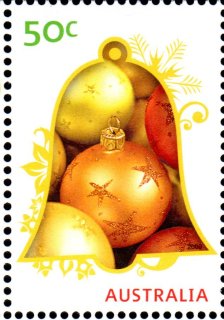 Australia-2009-Merry-Christmas-2009-50-cent-Multi-P13-86-x-14-6-Bell-outline-with-gold-baubles-inside-SG3316