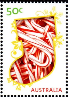 Australia-2009-Merry-Christmas-2009-50-cent-Multi-P13-86-x-14-6-Sock-outline-with-red-and-white-candy-sticks-inside-SG3317