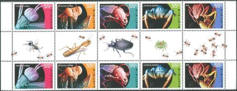 Australia-2009-Micro-Monsters-10-x-55-cent-Multi-P13-86-x-14-6-Decorative-gutter-shhet-of-2-ros-of-5-x-55-cent-stamps-5372-to-5376-incl