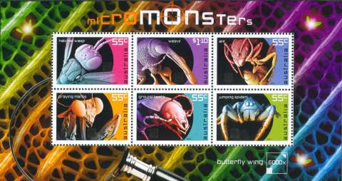 Australia-2009-Micro-Monsters-3-85-dollar-Multi-P13-86-x-14-6-All-sheet-stamps-5372-to-5377-incl-with-multicolour-cellur-background-SGMS3241