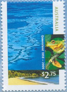 Australia-2009-Queensland-150-years-2-75-dollar-Multi-P14-6-x-13-86-Great-Barrier-Reef-aerial-with-inset-green-frog-SG3206