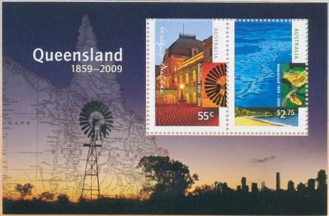 Australia-2009-Queensland-150-years-3-3-dollar-Multi-P14-6-x-13-86-As-5342-3-with-sunset-background-with-windmill-and-Queensland-map