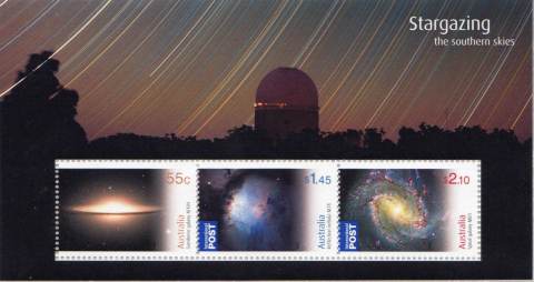 Australia-2009-Stargazing-The-Southern-Skies-4-1-dollar-Multi-P13-86-x-14-6-The-three-sheet-stamps-5389-91-incl-in-horizontal-se-tenant-form-against-an-observatory-background-SG