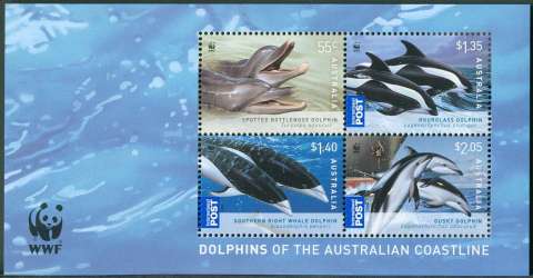 Australia-2009-WWF-Dolphins-of-the-Australian-Coastline-4-35-dollar-Multi-P13-86-x-14-6-All-four-stamps-5337-to-5340-incl-against-a-background-of-sea-136-x-70-mm-outer-SGMS320