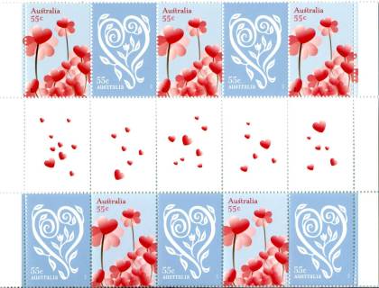 Australia-2009-With-Love-10-x-55-cent-Multi-P14-6-x-13-86-Decorative-Gutter-sheet-A-SG