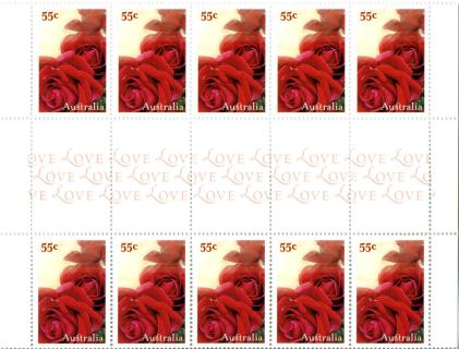 Australia-2009-With-Love-10-x-55-cent-Multi-P14-6-x-13-86-Decorative-Gutter-sheet-B-SG