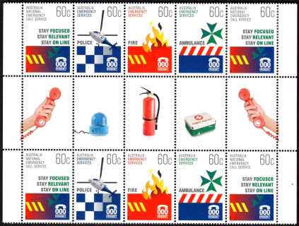 Australia-2010-000Emergency-Services-10-x-60-cent-Multi-P14-4-x-14-2-of-5543-plus-one-each-of-5544-7-with-coloured-objects-between-similar-pairs-opposite-gutter-SG