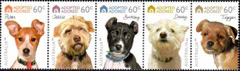 Australia-2010-Adopted-Adored-Pet-Dogs-5-x-60-cent-Multi-P14-4-x-14-Change-of-value-from-55-c-to-60-c-applies-to-this-issue-SG