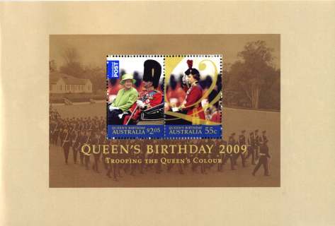 Australia-2010-Birthday-Queen-Elizabeth-II-2-6-dollar-Multi-P14-6-x-13-86-Two-stamps-5321-5322-in-horizontal-pair-on-background-of-Trooping-Colours-at-Royal-Military-College