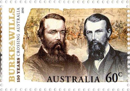 Australia-2010-Burke-Wills-explorers-150-years-60-cent-Multi-P13-86-x-14-6-Crosing-Australia-two-explorers-head-and-shoulders-against-waterpaint-gackground-SG3466