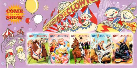 Australia-2010-Come-to-the-Show-5-x-55-cent-Multi-P13-86-x-14-6-The-five-sheet-stamps-on-a-backdrop-of-circus-clowns-Can-be-postmarked-at-each-of-6-State-capital-on-Show-Date-S