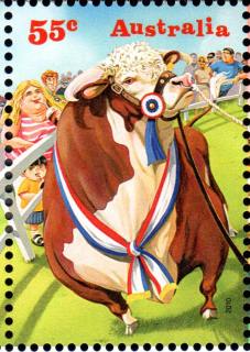 Australia-2010-Come-to-the-Show-55-cent-Multi-P13-86-x-14-6-Fat-beef-bull-cartoon-SG3361