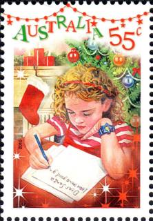 Australia-2010-Dear-Santa-2010-55-cent-Multi-P14-6-x-13-86-Girl-in-red-dress-writing-wish-list