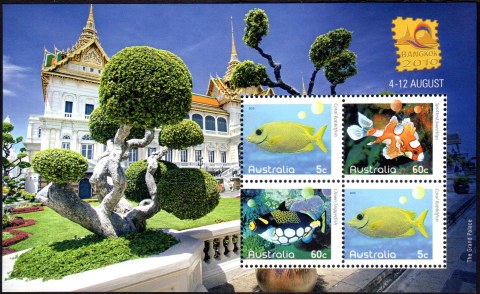 Australia-2010-Fishes-of-the-Reef-Part-II-1-3-dollar-Milti-P14-6-x-14-Two-5c-and-2-two-60c-stamps-for-Bangkok-2010-exhibition-SGMS3415