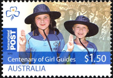 Australia-2010-Girl-Guides-Australia-centenary-1-5-dollar-Multi-P14-6-x-13-86-The-Guide-sign-two-Guides-in-slouch-hats-with-the-3-finger-salute-against-older-mono-group-SG3475