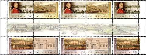 Australia-2010-Governor-Lachlan-Macquarie-Bicentennary-10-x-55-cent-Multi-P14-6-x-13-86-10-stamps-with-pale-early-Sydney-landscape-SG