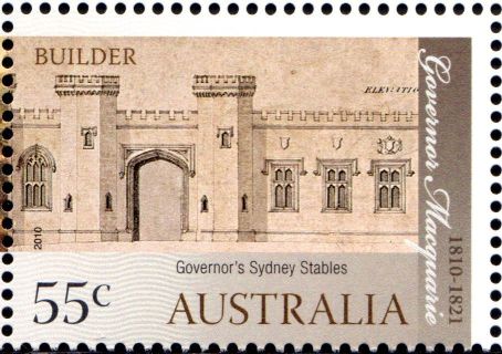 Australia-2010-Governor-Lachlan-Macquarie-Bicentennary-55-cent-Multi-P14-6-x-13-86-Builder-Governors-Sydney-stables-SG3349