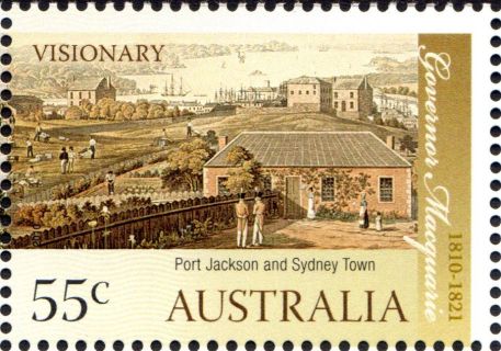 Australia-2010-Governor-Lachlan-Macquarie-Bicentennary-55-cent-Multi-P14-6-x-13-86-Visionary-Painting-of-Port-Jackson-Sydney-town-SG3347