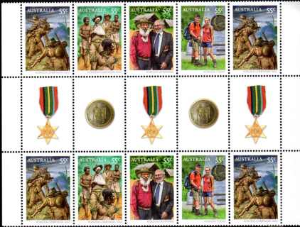 Australia-2010-Kokoda-Joint-Issue-with-Papua-New-Guinea-10-x-55-cent-Multi-P13-86-x-14-6-Gutter-decorations-are-the-Pacific-Medal-and-a-medallion