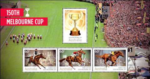 Australia-2010-Melbourne-Cup-number-150-4-x-60-cent-Multi-P13-86-x-14-6-Sheet-has-4-stamps-design-5604-to-5607-incl-SGMS3514