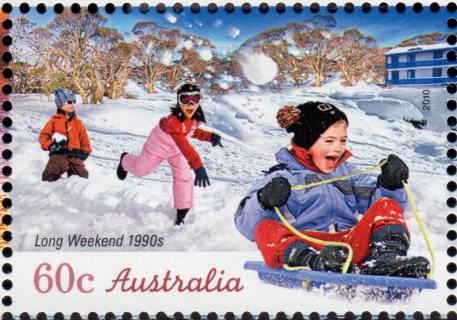 Australia-2010-The-Long-Weekend-60-cent-Multi-P13-86-x-14-6-Toboggan-in-the-snow