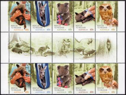 Australia-2010-Wildlife-Caring-Rescue-to-Relief-10-x-60-cent-Multi-P14-6-x-13-86-Olive-coloured-grown-examples-of-babies-on-each-side-of-gutter-SG