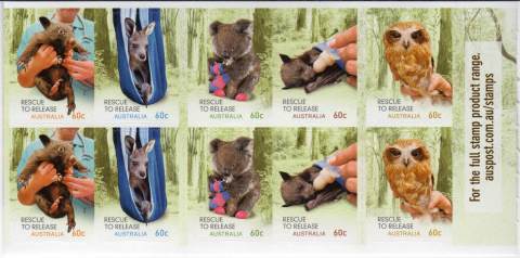 Australia-2010-Wildlife-Caring-Rescue-to-Relief-10-x-60-cent-Multi-PDie-cut-All-five-designs-of-60-cents-face-repeated-twice-as-self-adhesive-stamps-SG