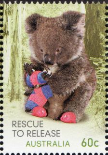 Australia-2010-Wildlife-Caring-Rescue-to-Relief-60-cent-Multi-P14-6-x-13-86-Rescue-Koala-in-red-and-blue-bandaged-limbs-SG3494