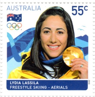Australia-2010-Winter-Olympics-2010-55c-cent-Multi-P14-28-x-14-28-Lydia-Lassila-Sheetlet-background-in-abstract-design-in-blues-and-grey-SG3354
