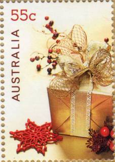 Australia-2011-Christmas-2011-55-cent-Multi-P14-6-x-13-86-Golden-gift-box-and-baubles-55c-SG3673