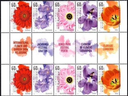 Australia-2011-Floral-Festivals-Australia-10-x-60-cent-Multi-P13-86-x-14-6-Ten-stamps-of-all-five-designs-5640-to-5644-inclusive