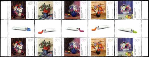 Australia-2011-Gallery-Series-NGV-Flowers-Art-10-x-60-cent-Multi-P13-86-x-14-6-Designs-5650-to-5654-incl-SG